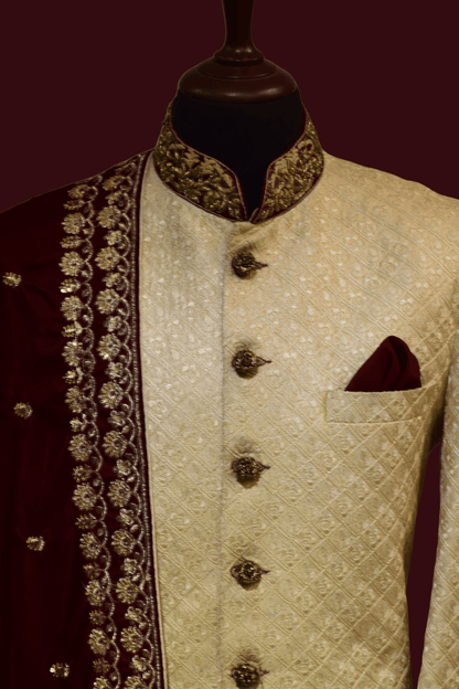 MC 03 Maroon Embroidered Shawl with Sherwani - Mashal Couture