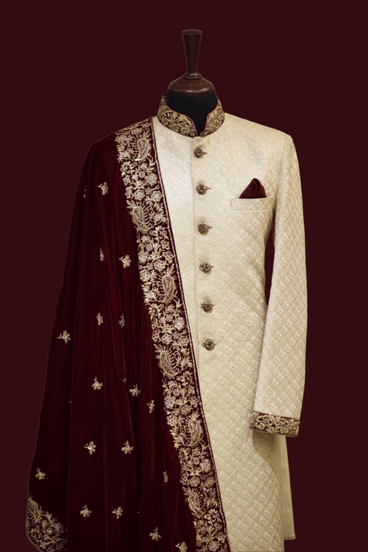 MC 521 Flowy Sherwani with Maroon Shawl