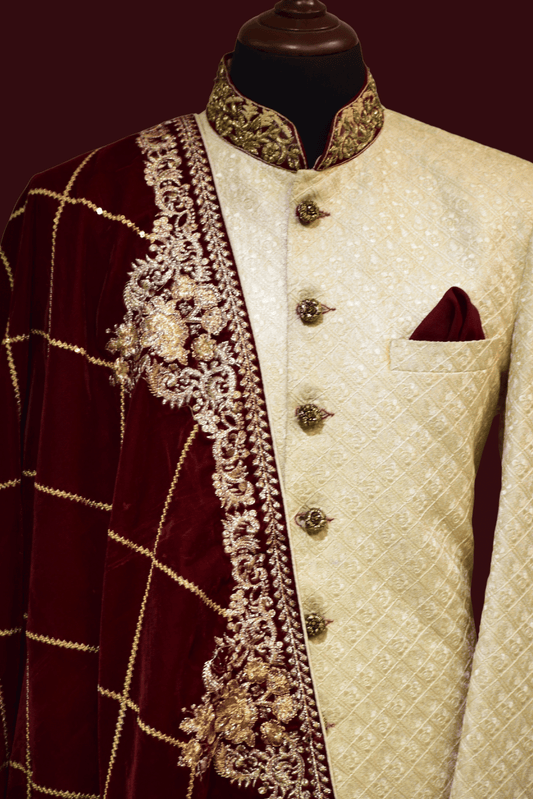 MC 522 Groom Sherwani with Maroon Shawl