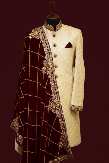 MC 02 Maroon Shawls And Sherwani For Grooms - Mashal Couture