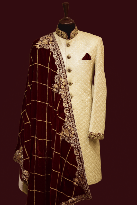 MC 02 Maroon Shawls And Sherwani For Grooms - Mashal Couture