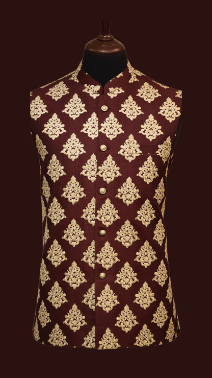 MC 116 Maroon Waistcoat with Gold Embroidery For Men - Mashal Couture
