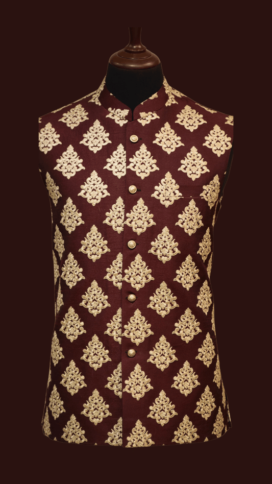 Elegant Maroon Waistcoat with Intricate Gold Embroidery - Fashion for Special Occasions