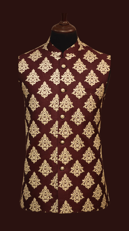 MC 116 Maroon Waistcoat with Gold Embroidery For Men - Mashal Couture