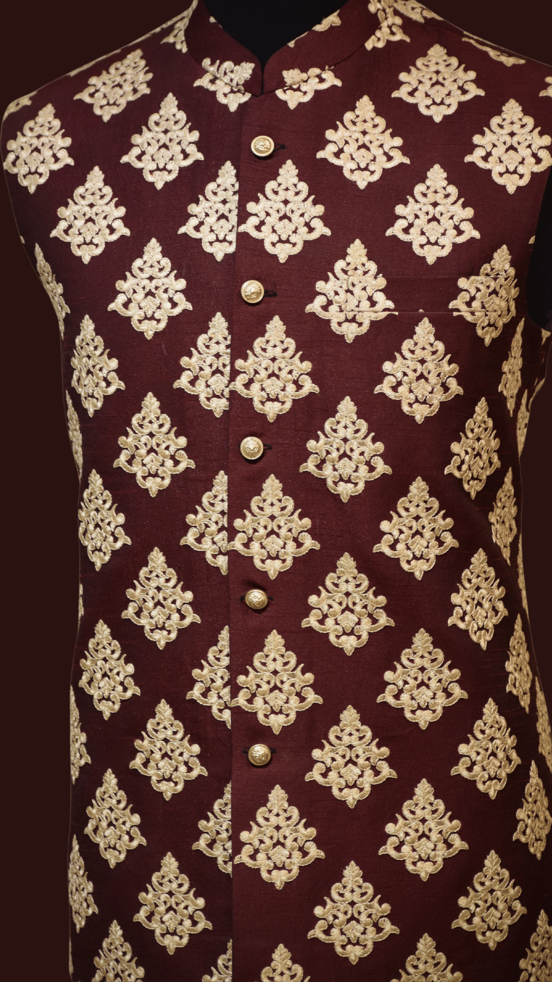 MC 116 Maroon Waistcoat with Gold Embroidery For Men - Mashal Couture