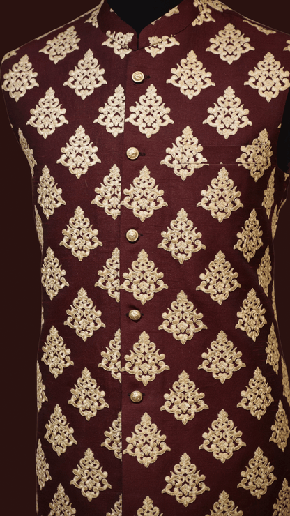 MC 116 Maroon Waistcoat with Gold Embroidery For Men - Mashal Couture