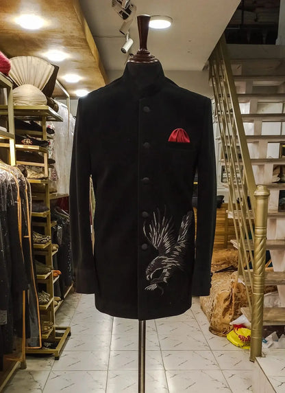 MC 122 Black Velvet Bird Embroidery Prince Coat - Mashal Couture