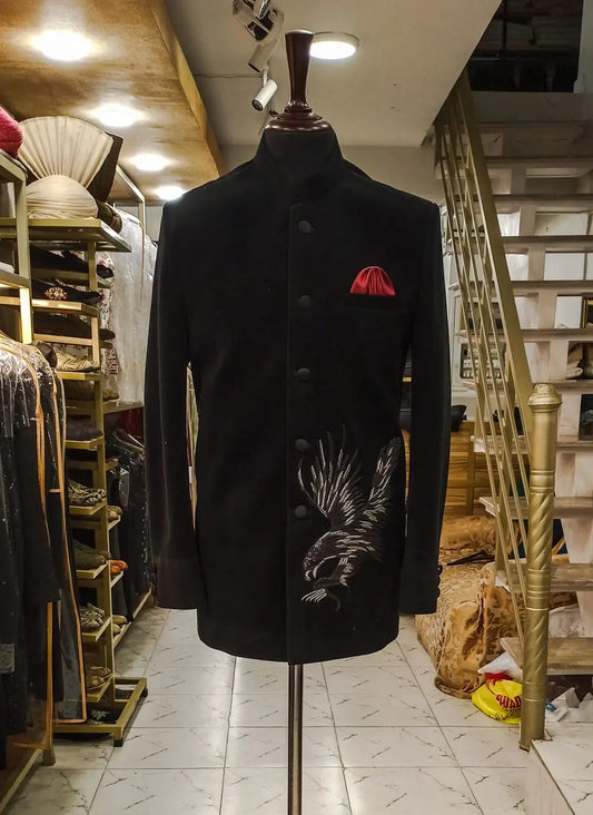MC 122 Black Velvet Bird Embroidery Prince Coat - Mashal Couture