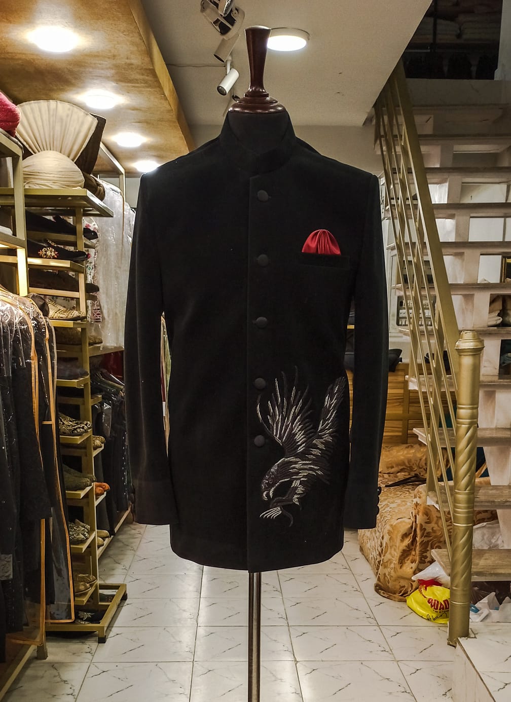 MC 122 Black Velvet Bird Embroidery Prince Coat - Mashal Couture