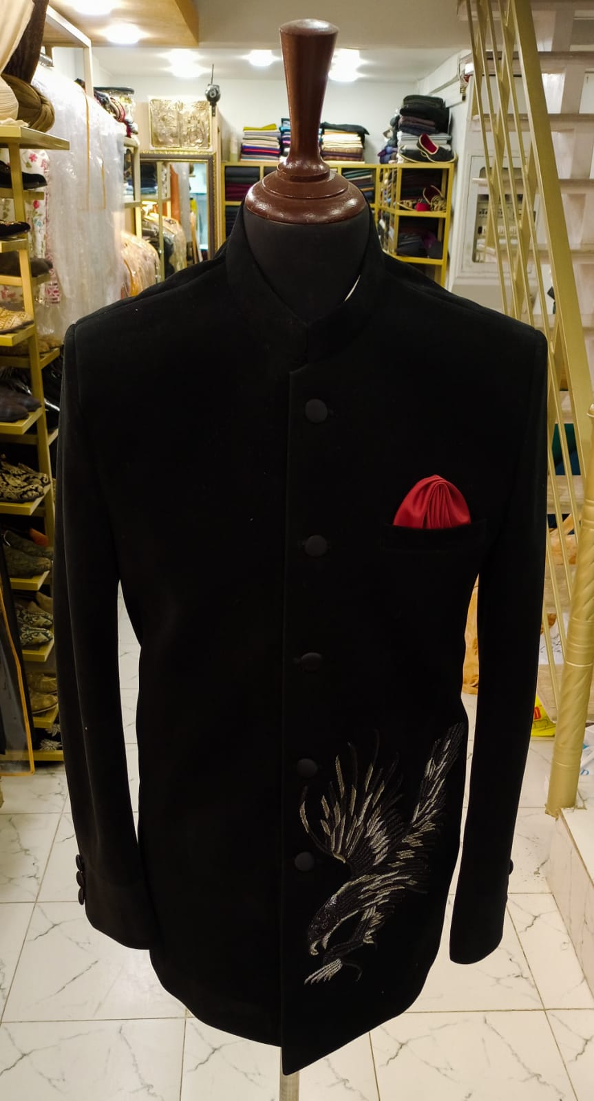 MC 122 Black Velvet Bird Embroidery Prince Coat - Mashal Couture