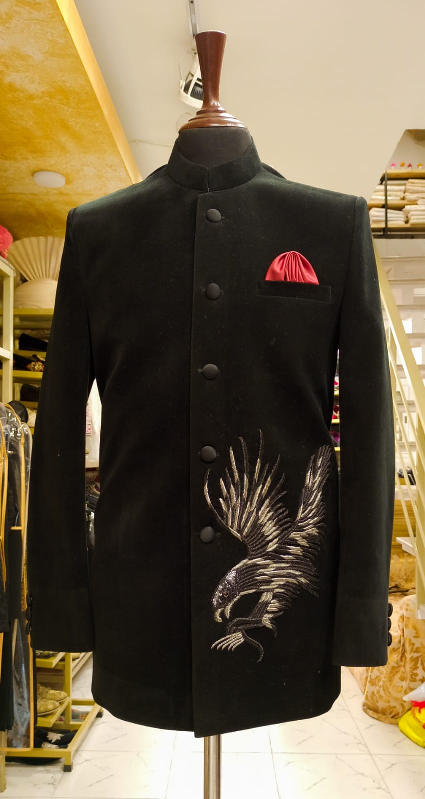 MC 122 Black Velvet Bird Embroidery Prince Coat - Mashal Couture