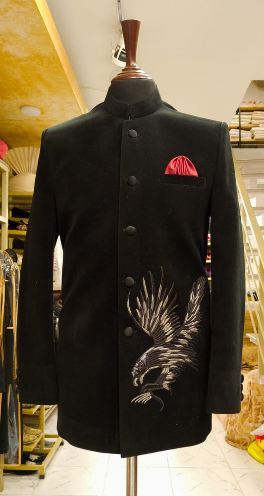 MC 122 Black Velvet Bird Embroidery Prince Coat - Mashal Couture