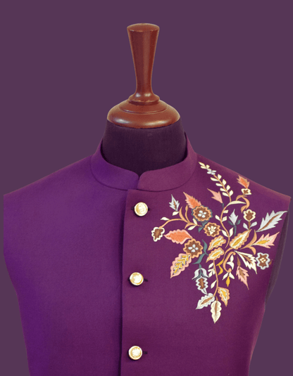 MC 114 Purple Embroidered Waistcoat for Men - Mashal Couture