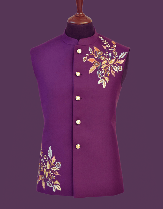MC 114 Purple Embroidered Waistcoat for Men - Mashal Couture