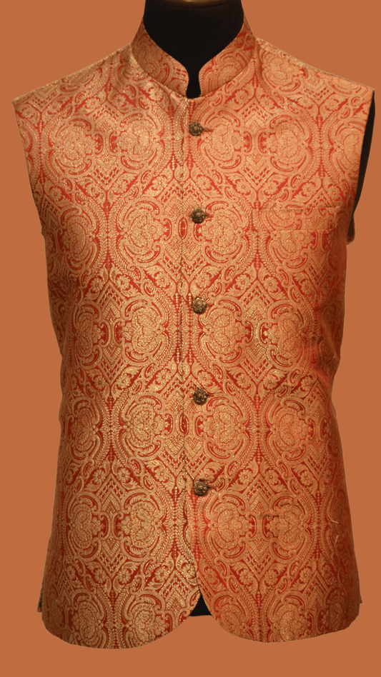 Red and Gold Men's Waistcoat - Elevate Your Style for Salwar Kameez Attire