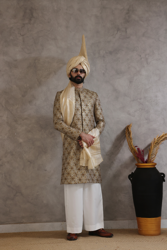 Golden Sherwani With farshi Shalwar