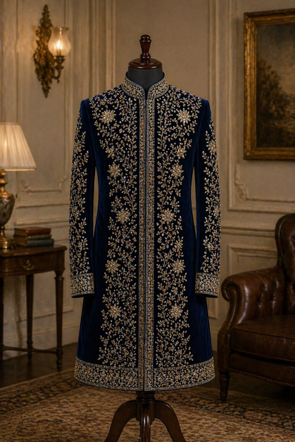 SHR 620 Zaffre Sherwani for groom wedding wear in elegant royal style