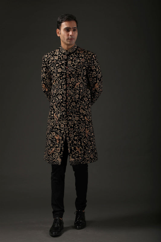 MC 532 Black Hand Work Embroidery Sherwani - Mashal Couture