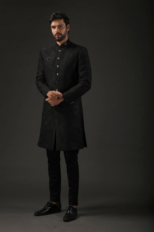 MC 533 Black Sherwani - Mashal Couture