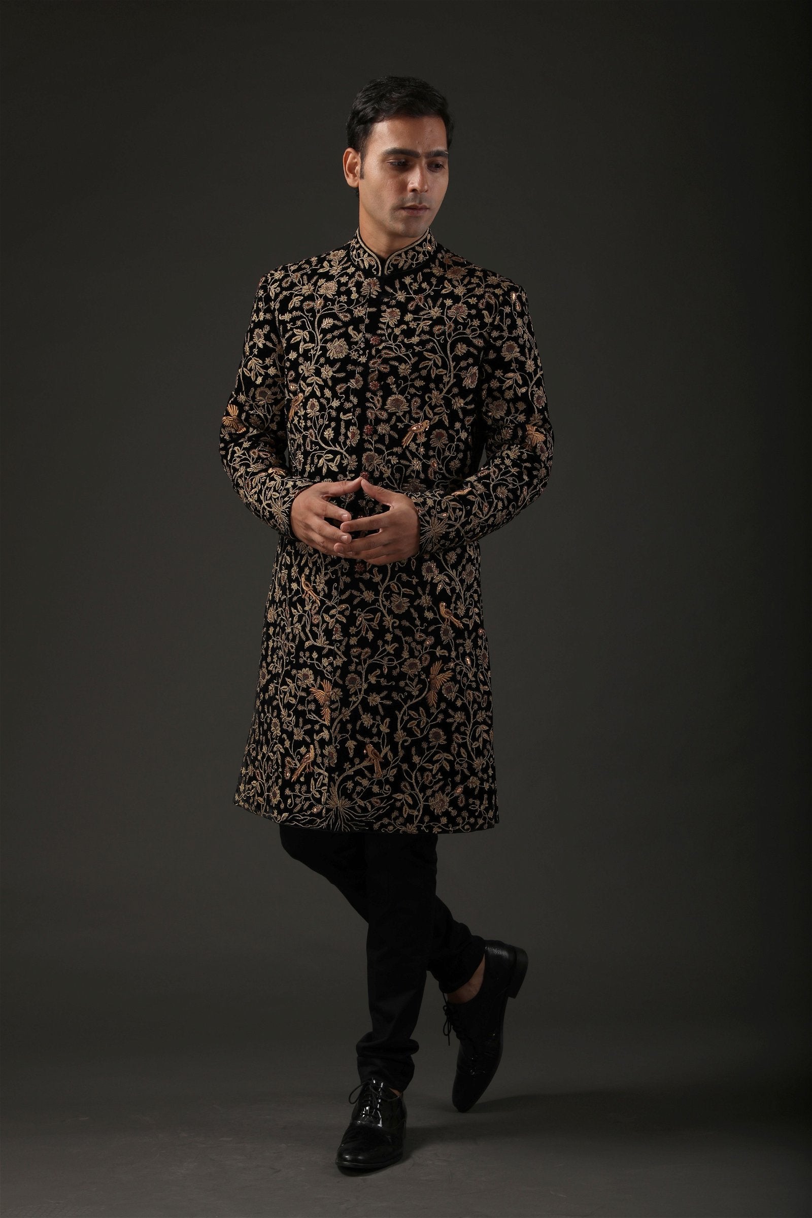 MC 532 Black Hand Work Embroidery Sherwani - Mashal Couture