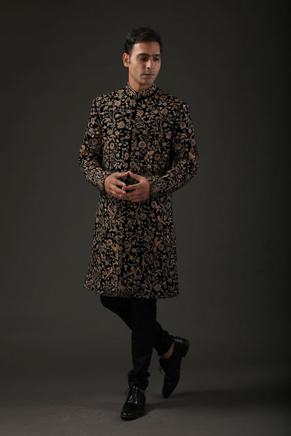 MC 532 Black Hand Work Embroidery Sherwani - Mashal Couture