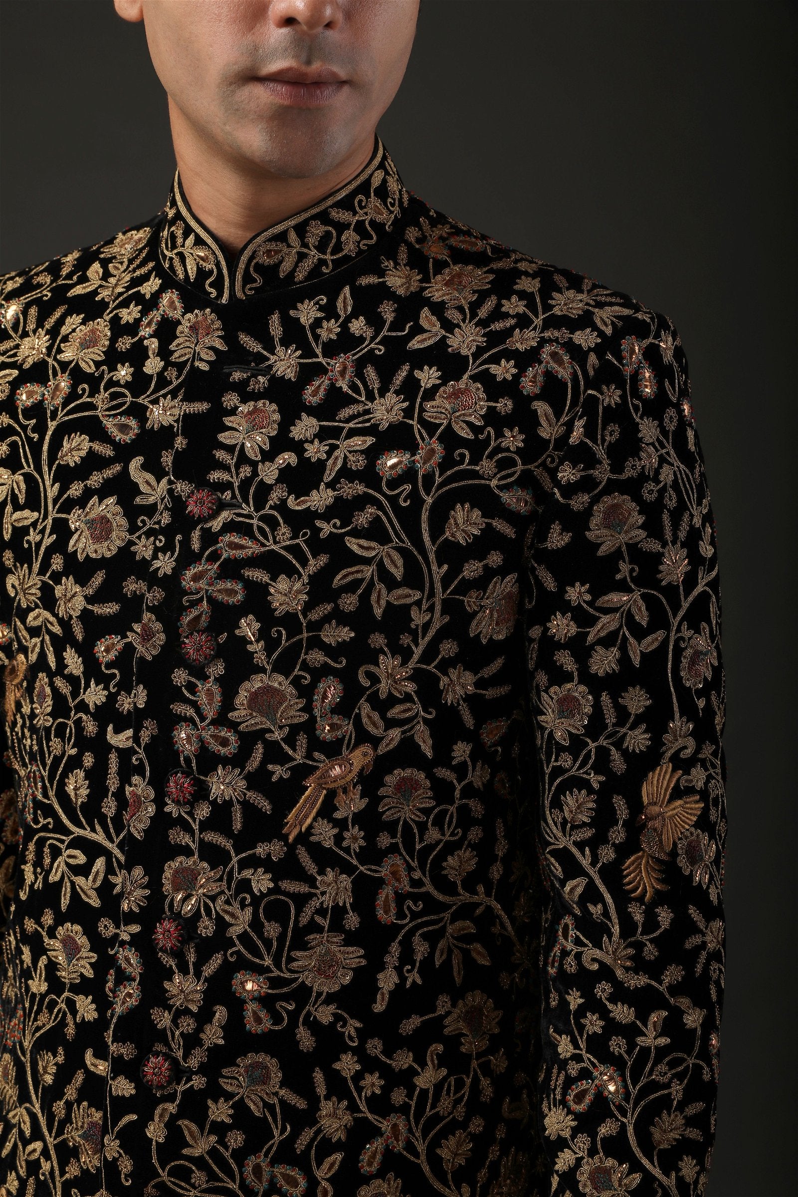 MC 532 Black Hand Work Embroidery Sherwani - Mashal Couture