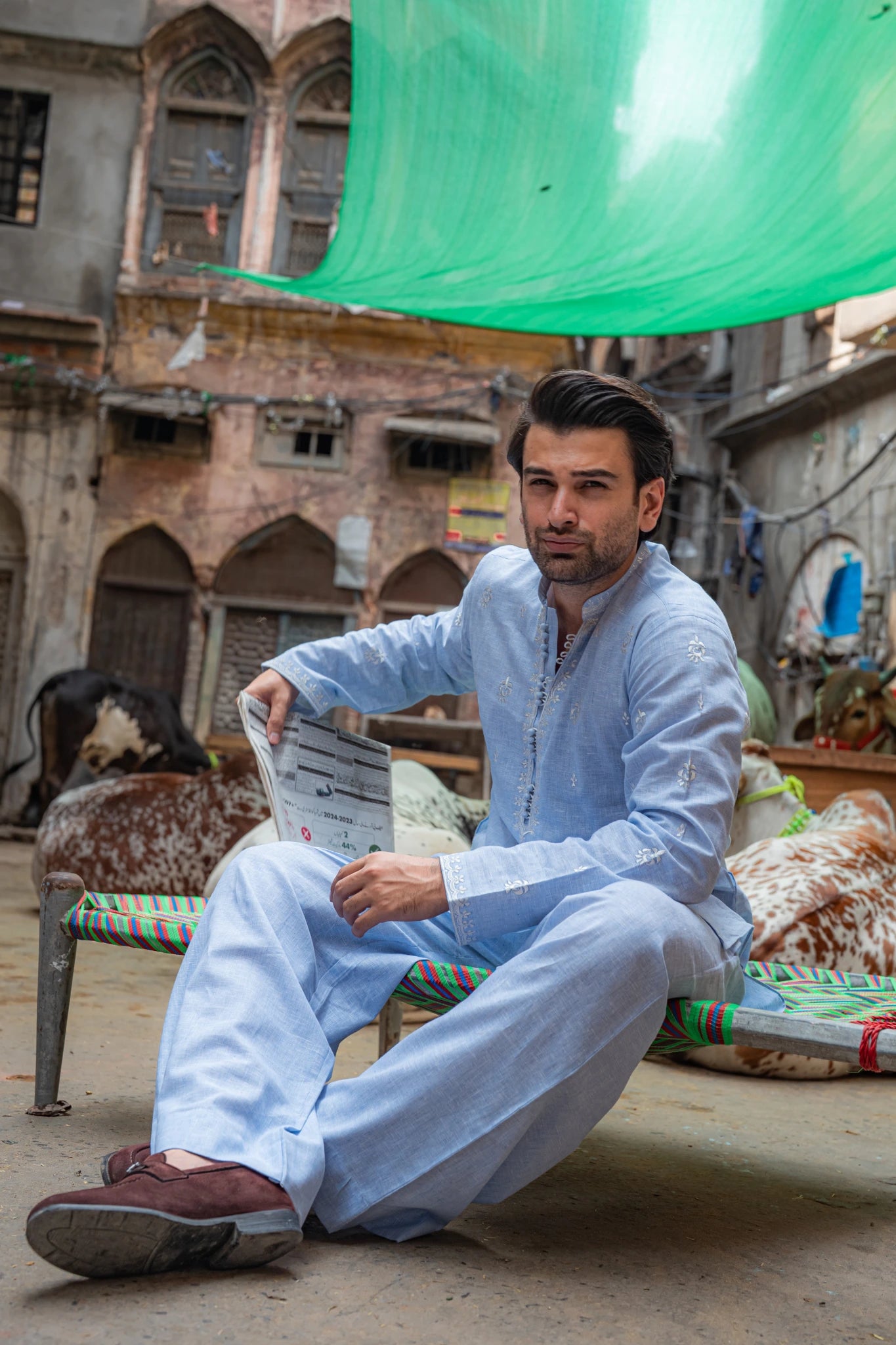 Sky Blue Short Embroidered Kurta With Farshi Shalwar