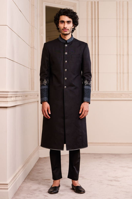 MC 509 Black Raw Silk Sherwani For Men's at MashalCouture.com