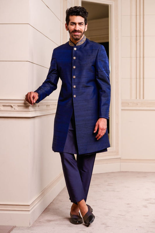 MC 504 Royal Blue Raw Silk Sherwani For Men's - Mashal Couture