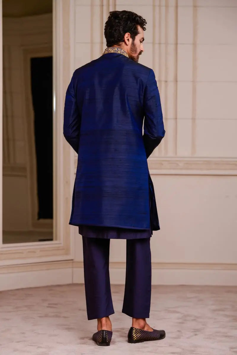 MC 504 Royal Blue Raw Silk Sherwani For Men's - Mashal Couture