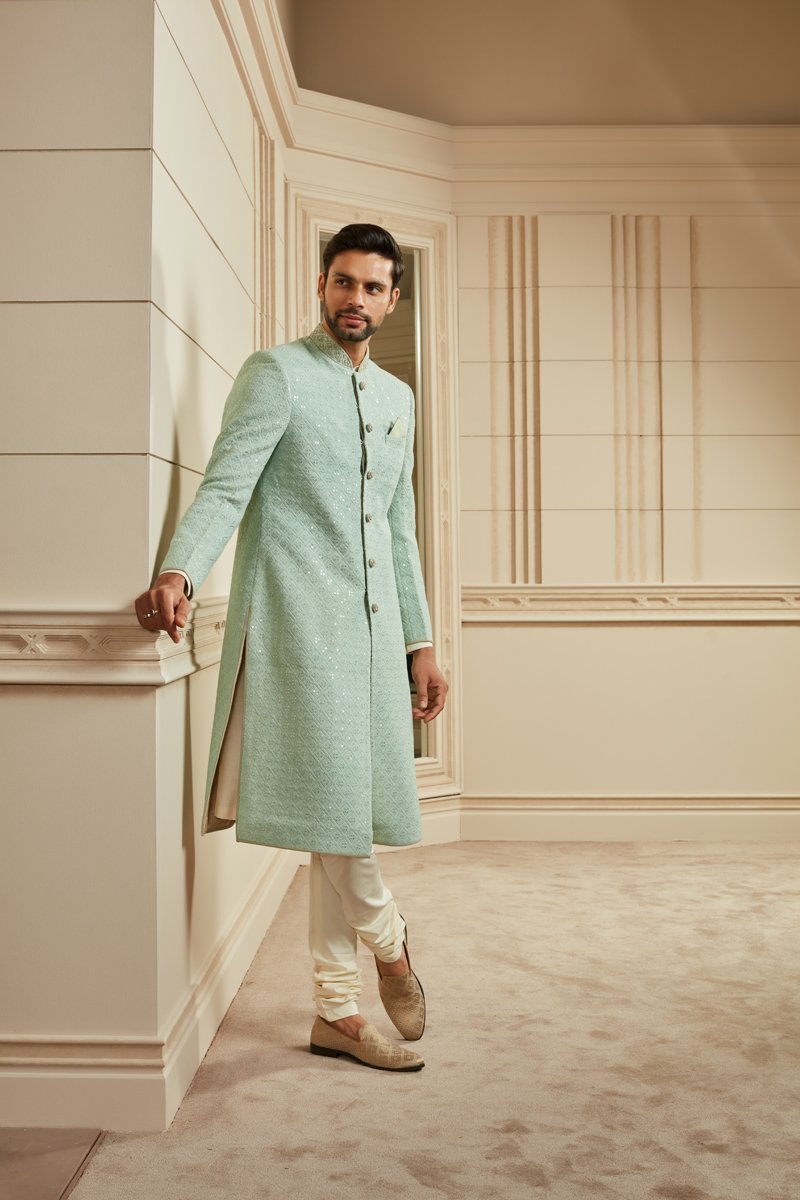 MC 505 Pastel Green Sherwani For Men's - Mashal Couture