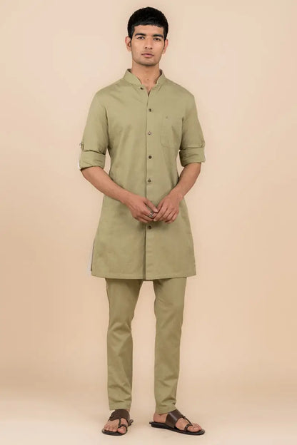 MC KP 06 Olive Front Open Kurta Pajama For Men - Mashal Couture