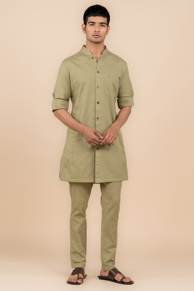 MC KP 06 Olive Front Open Kurta Pajama For Men - Mashal Couture