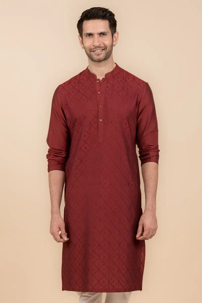 MC KP 11 Maroon Chicken Kari Kurta Pajama - Mashal Couture