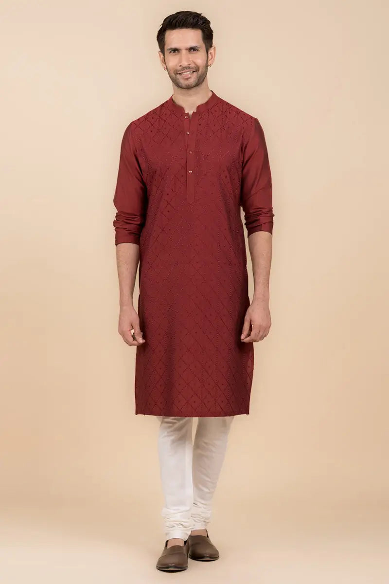 MC KP 11 Maroon Chicken Kari Kurta Pajama - Mashal Couture