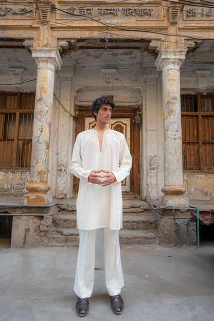 White Short Embroidered Kurta With Bell Bottom Trouser