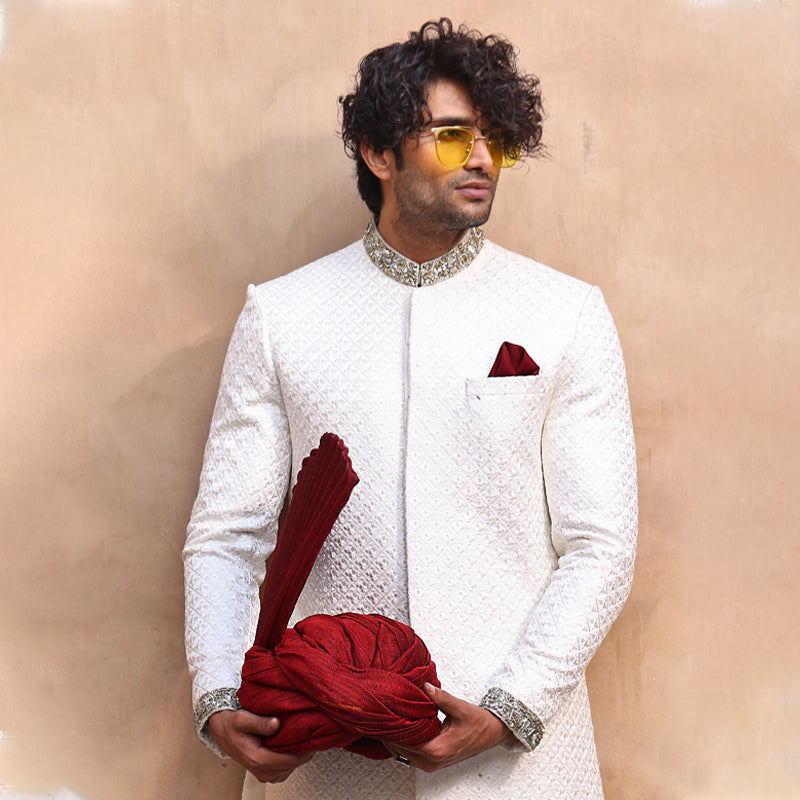 MC 554 White Groom Sherwani - Mashal Couture