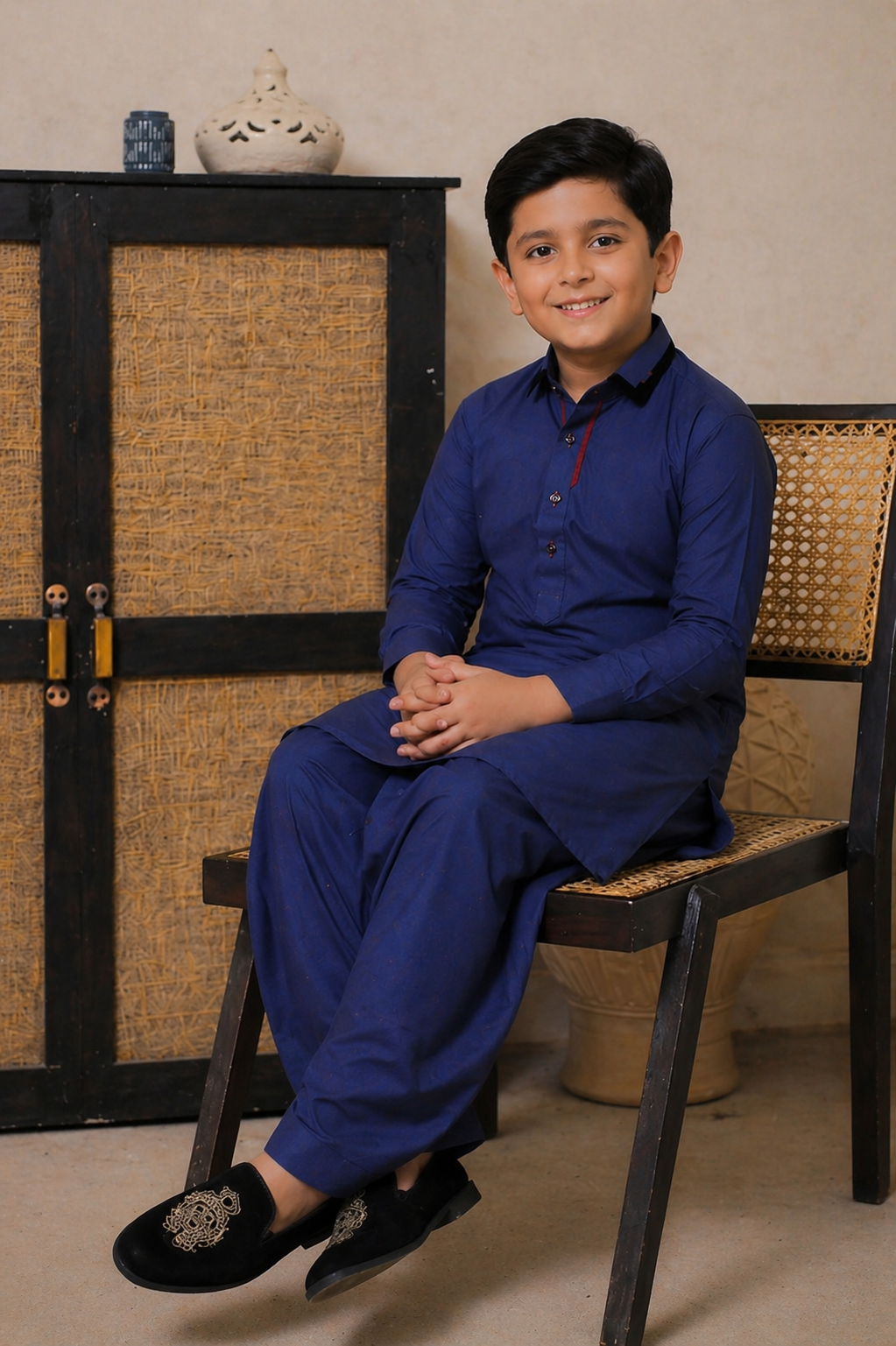 Young boy in a blue outfit sitting on a chair with a neutral background
