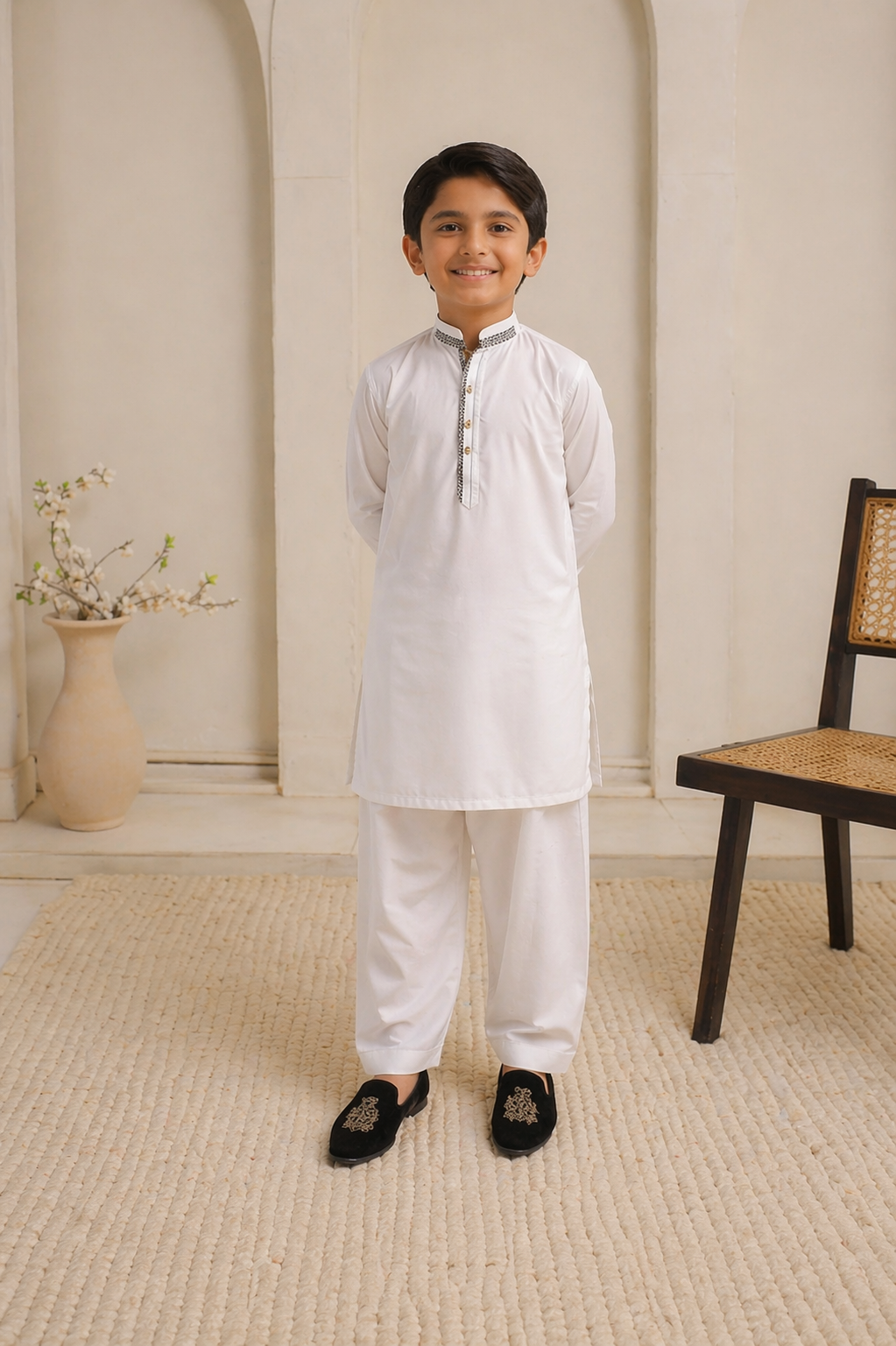 Young boy in a white kurta standing in a room with a chair and vase in the background.