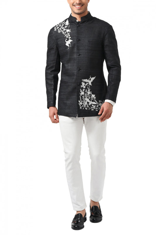 MC 111 Black Embroidery Prince Coat - Mashal Couture