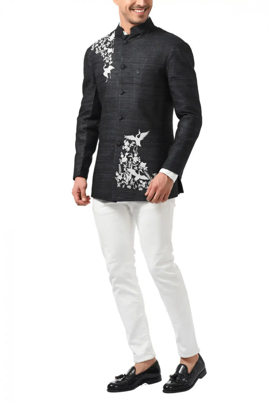 MC 111 Black Embroidery Prince Coat - Mashal Couture