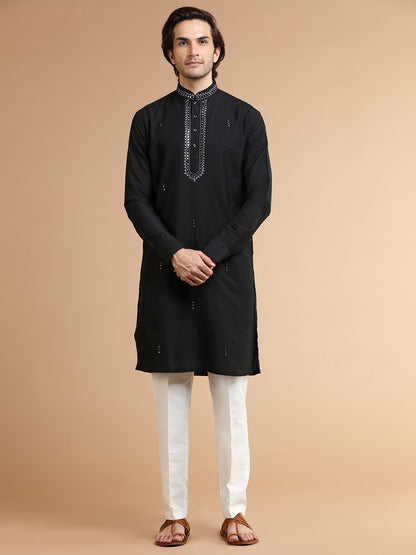 MC FS 03 Embroided Black Kurta With White Trouser - Mashal Couture