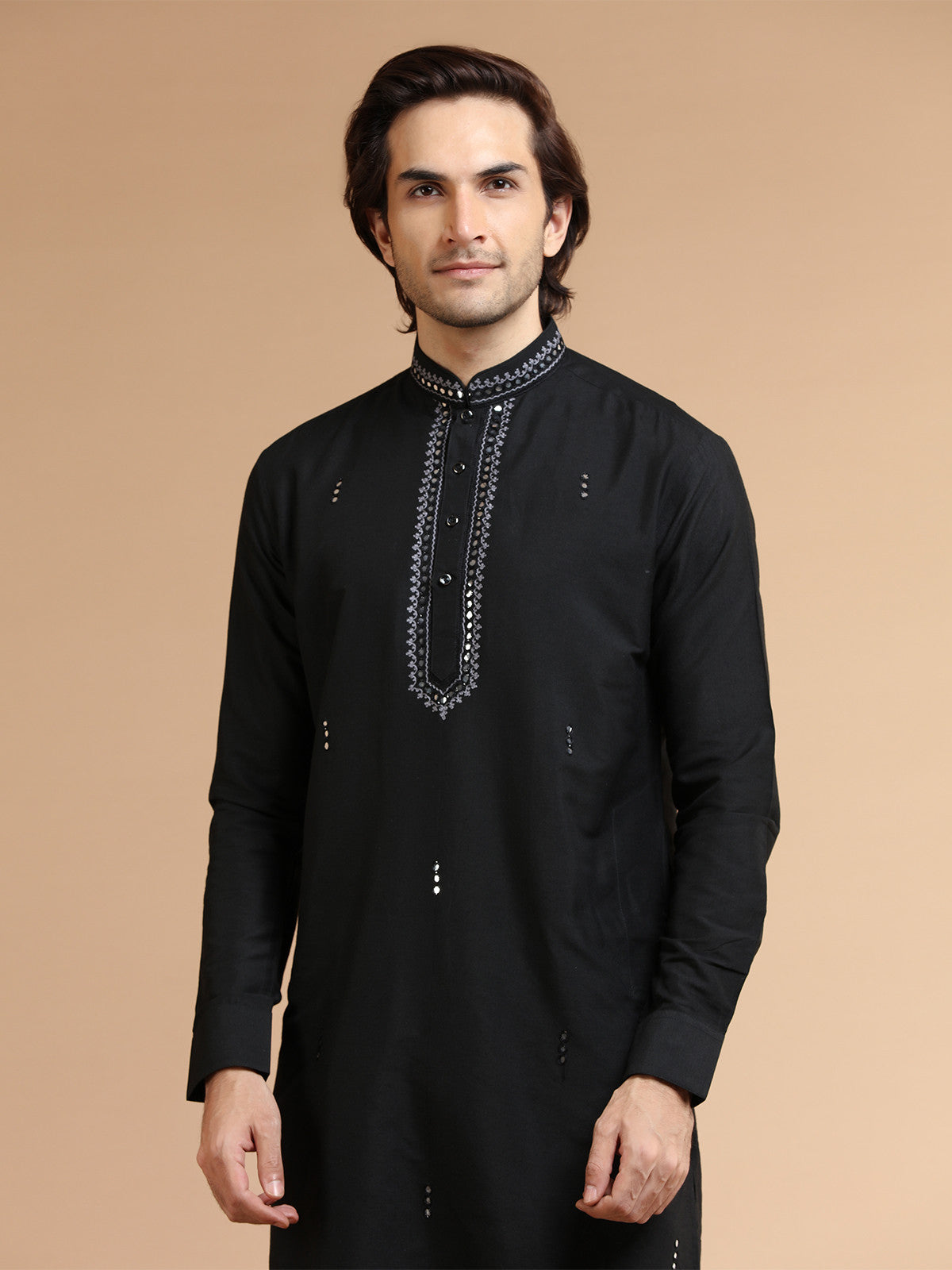 MC FS 03 Embroided Black Kurta With White Trouser - Mashal Couture