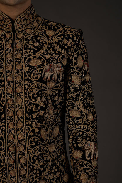 MC 531 Hand Work Mens Black Sherwani Wedding - Mashal Couture