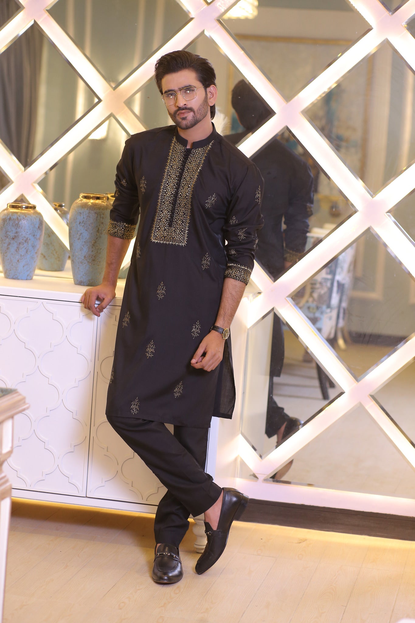Black Chola Pajama CK 21 Black Kurta Pajama Golden Embroidered For Men