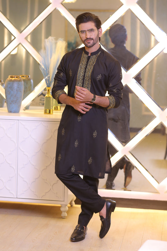 CK 21 Black Kurta Pajama Golden Embroidered For Men - Mashal Couture