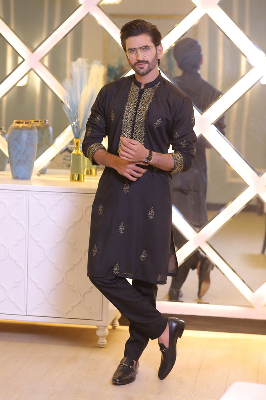 CK 21 Black Kurta Pajama Golden Embroidered For Men