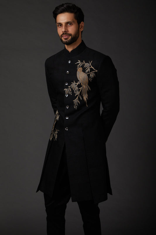MC 525 Black Sherwani - Mashal Couture