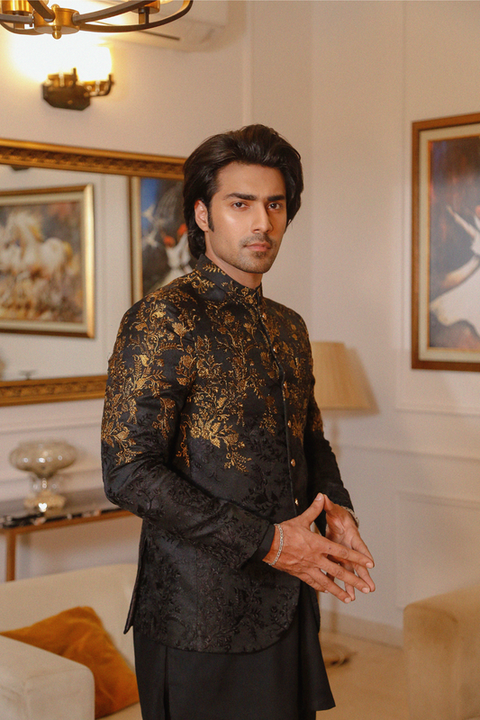 Premium black men's outfit with intricate goldwork and royal finish