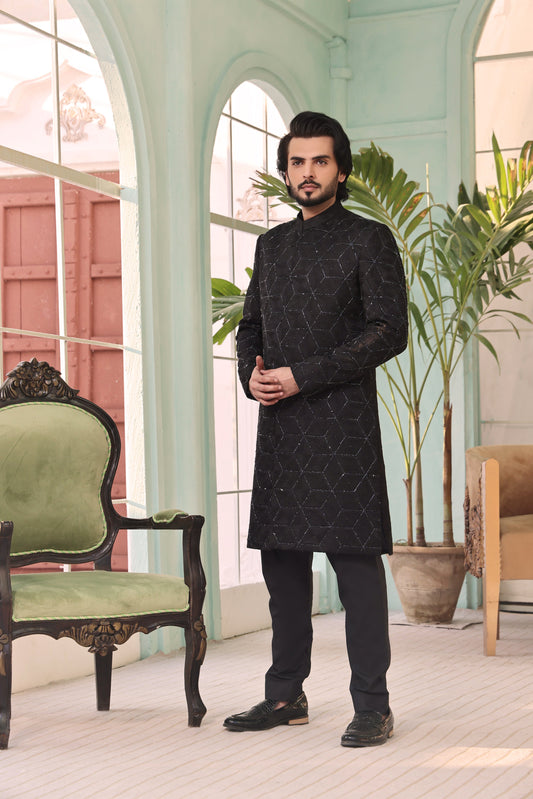 MC 555 Black Hand Work Sherwani Mens Wedding - Mashal Couture